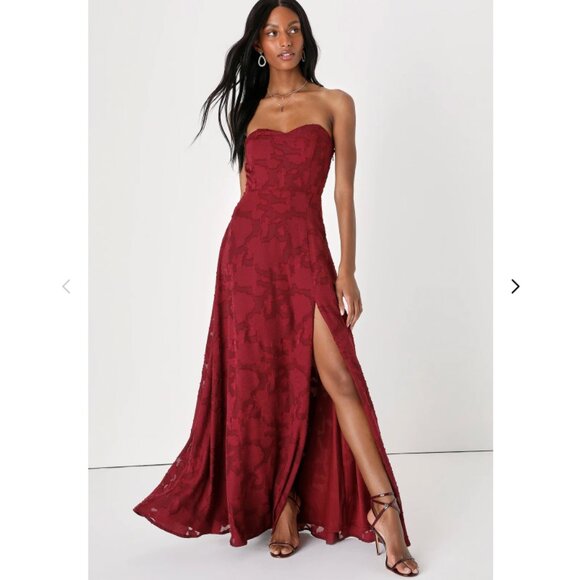 Lulus Garden Of Romance Burgundy Floral Burnout Strapless Maxi Dress Red - Picture 3 of 6